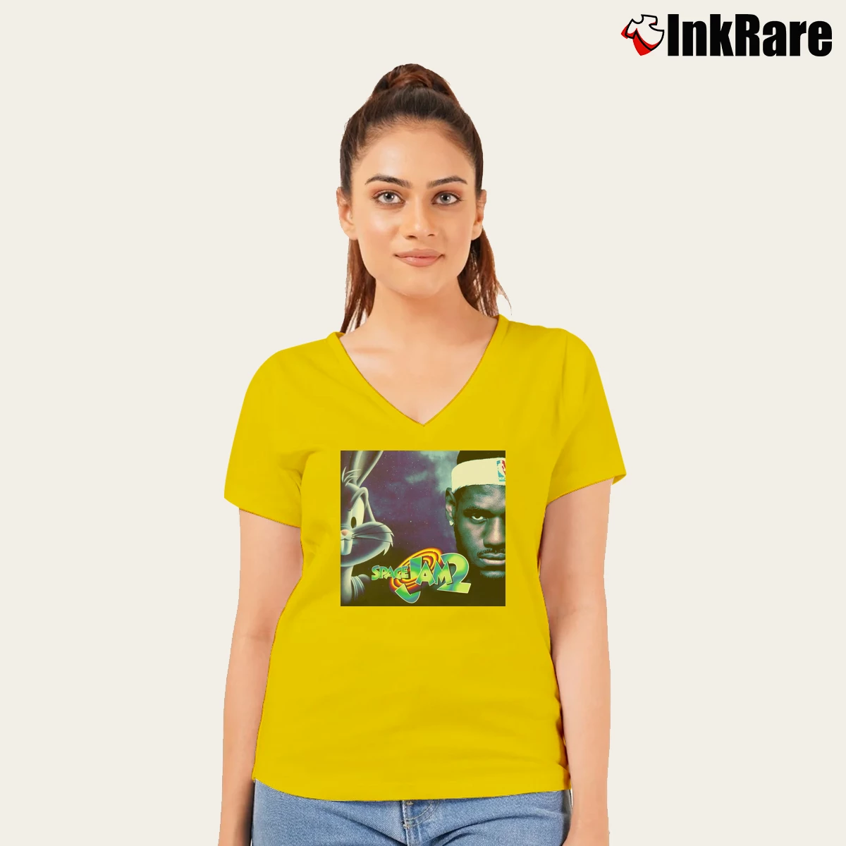 Women’s Space Jam 2 LeBron James Monstars Basketball V-Neck Tee in yellow | Chic Neckline, Soft Texture