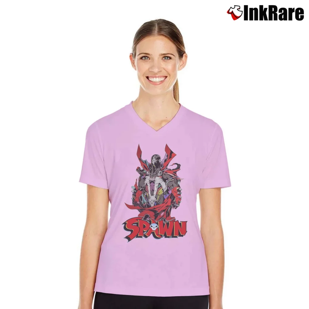 Women’s Spawn Comic Graphic Art Superhero V-Neck Tee in light pink | Chic Neckline, Soft Texture