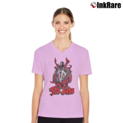 Women’s Spawn Comic Graphic Art Superhero V-Neck Tee in light pink | Chic Neckline, Soft Texture