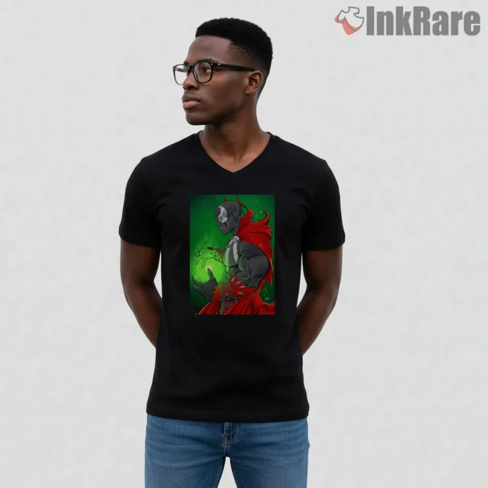 Spawn Mortal Kombat Dark Energy Warrior Shirt on black v-neck shirt for men graphic tee