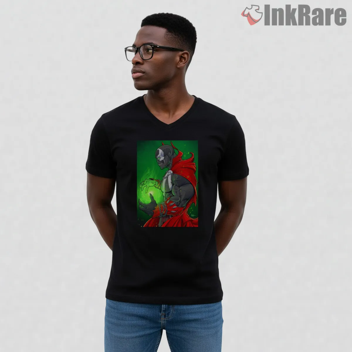 Spawn Mortal Kombat Dark Energy Warrior V Neck Black Spawn Mortal Kombat Dark Energy Warrior Shirt on black v-neck shirt for men graphic tee