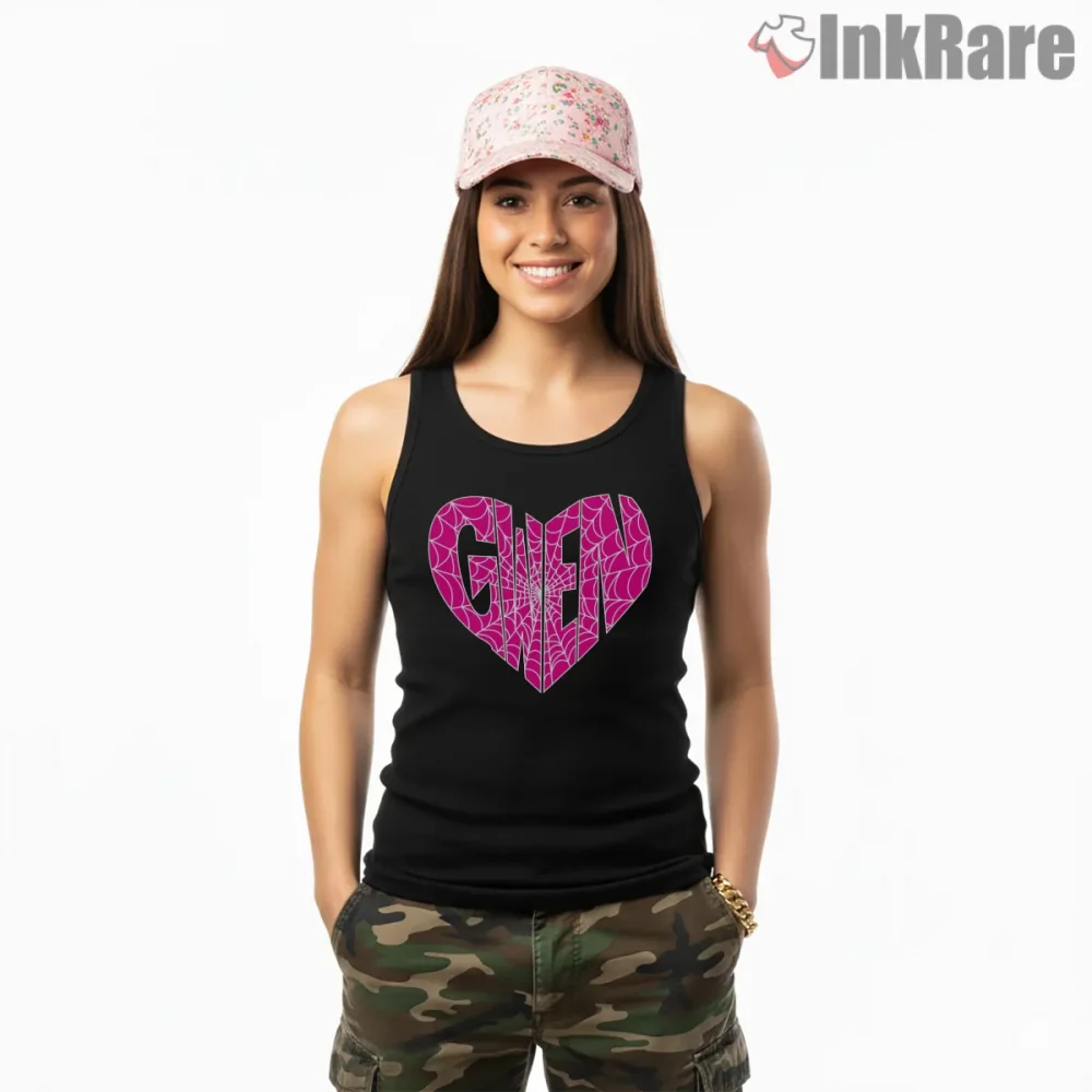 Spider Gwen Heart Web Pink Graphic Shirt on black tank top for women graphic tee