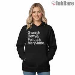 Spider Gwen Names Typography Women Tribute Shirt on black hoodie for women graphic tee