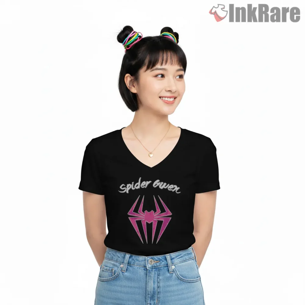 Spider Gwen Pink Emblem Minimal Graphic Shirt on black v-neck shirt for women graphic tee