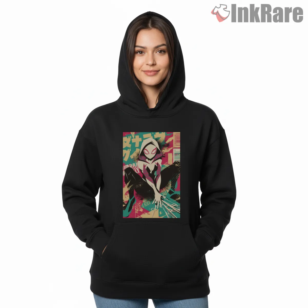 Spider Gwen Pop Art Graffiti Style Hoodie Black Spider Gwen Pop Art Graffiti Style Shirt on black hoodie for women graphic tee
