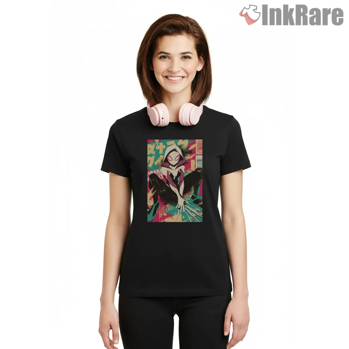 Spider Gwen Pop Art Graffiti Style Short Sleeve Black Spider Gwen Pop Art Graffiti Style Shirt on black short sleeve shirt for women graphic tee