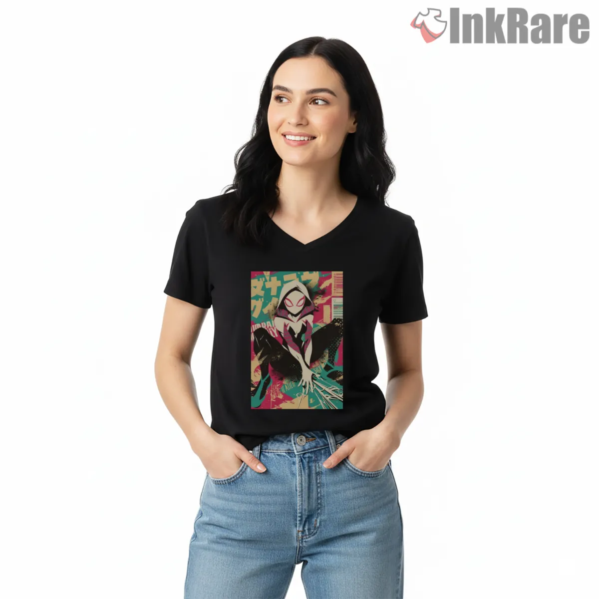 Spider Gwen Pop Art Graffiti Style Shirt on black v-neck shirt for women graphic tee