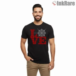 Spider Love Web Typography Minimal Graphic Shirt on black short sleeve shirt for men graphic tee