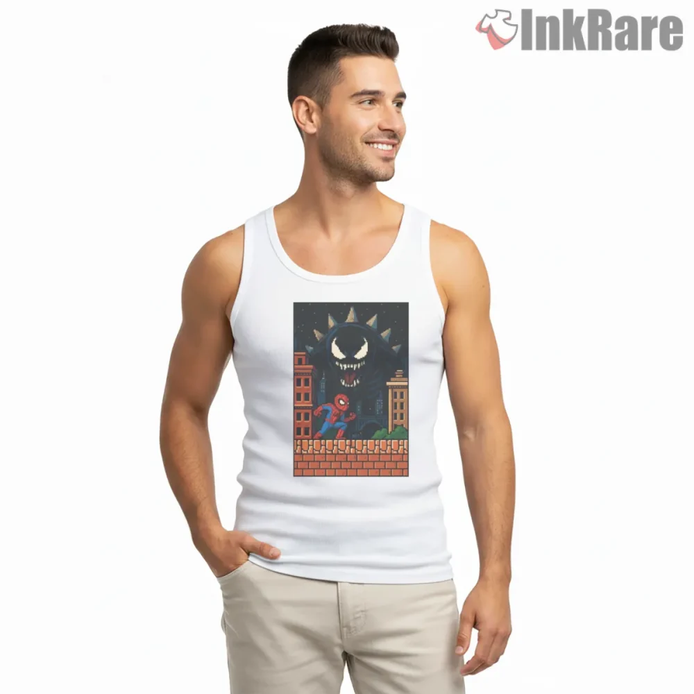 Spider Man 8 Bit Arcade Showdown Retro Game Shirt on white tank top for men graphic tee