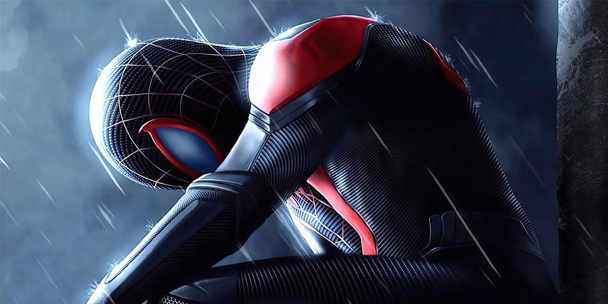 Spider Man in black suit sitting alone in the rain showing emotional isolation