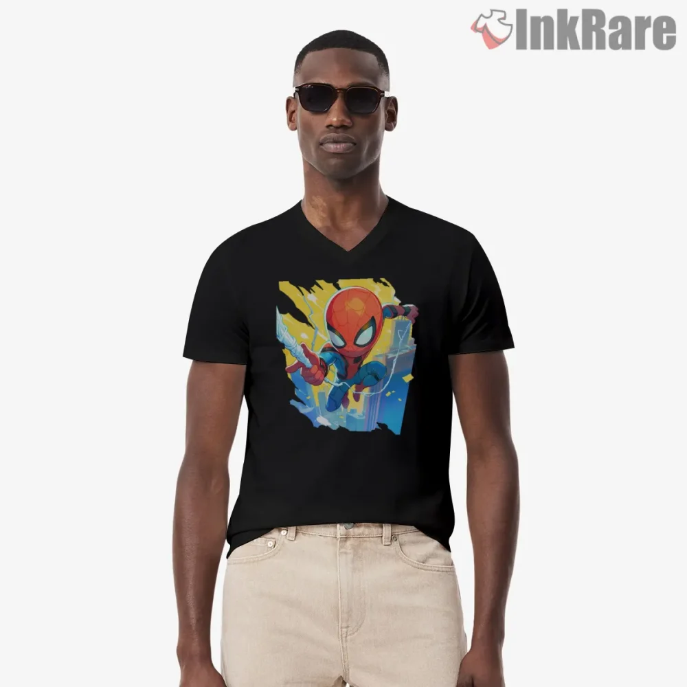 Spider Man Chibi Action Cartoon Hero Shirt on black v-neck shirt for men graphic tee