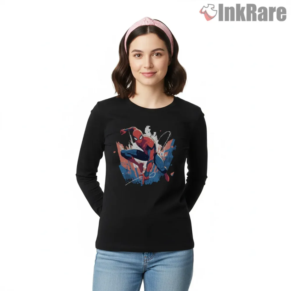 Spider Man Classic Action Splash Comic Shirt on black long sleeve shirt for women graphic tee