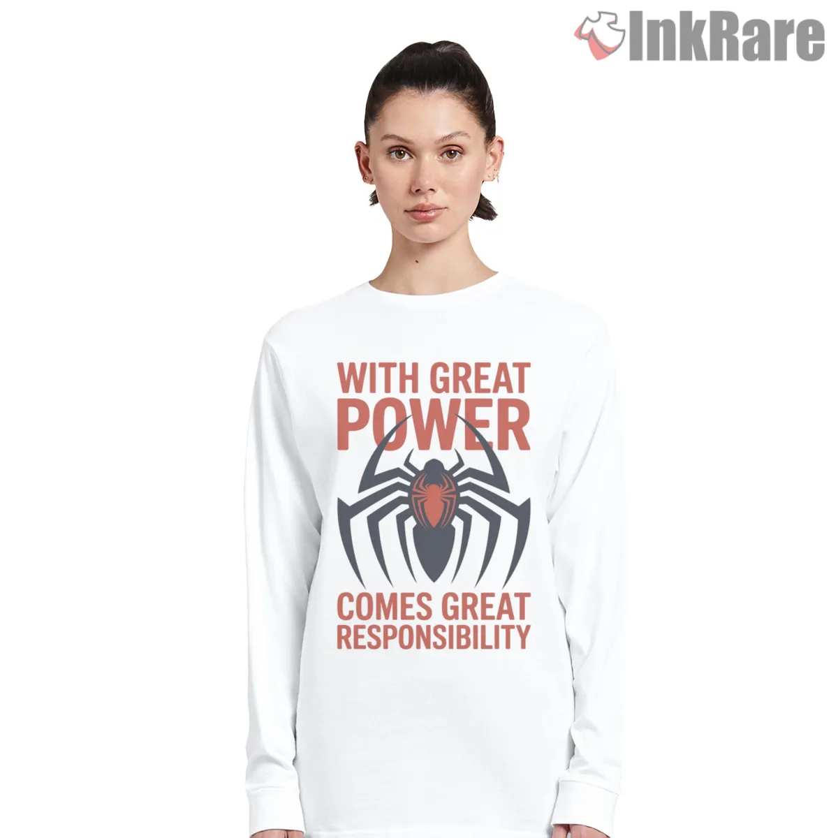 Spider Man Great Power Responsibility Icon Long Sleeve White Spider Man Great Power Responsibility Icon Shirt on white long sleeve shirt for women graphic tee