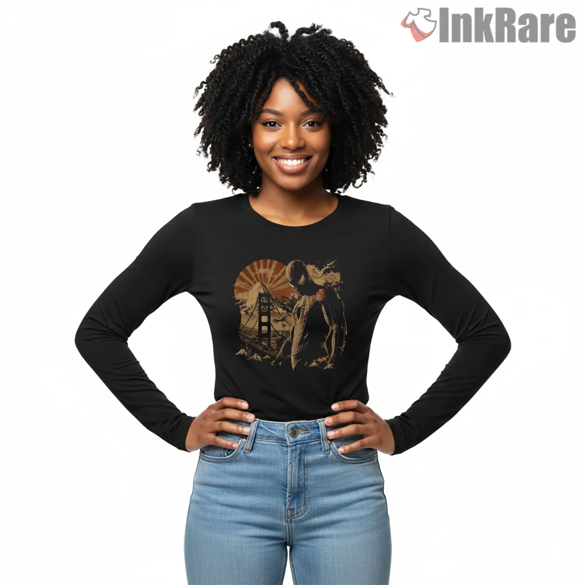 Spider Man Vintage Sunset City Silhouette Shirt on black long sleeve shirt for women graphic tee