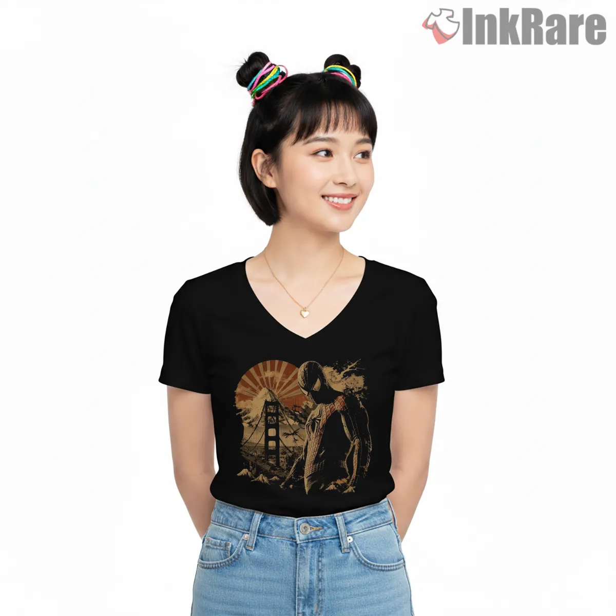 Spider Man Vintage Sunset City Silhouette V Neck Black Spider Man Vintage Sunset City Silhouette Shirt on black v-neck shirt for women graphic tee