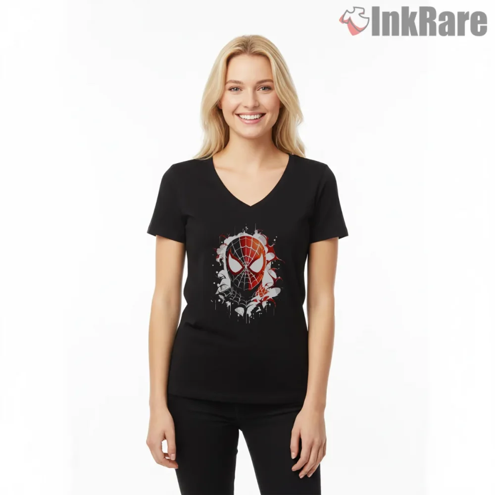 Spider Sense Mask Splash Minimal Graphic Shirt on black v-neck shirt for women graphic tee