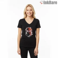 Spider Sense Mask Splash Minimal Graphic Shirt on black v-neck shirt for women graphic tee
