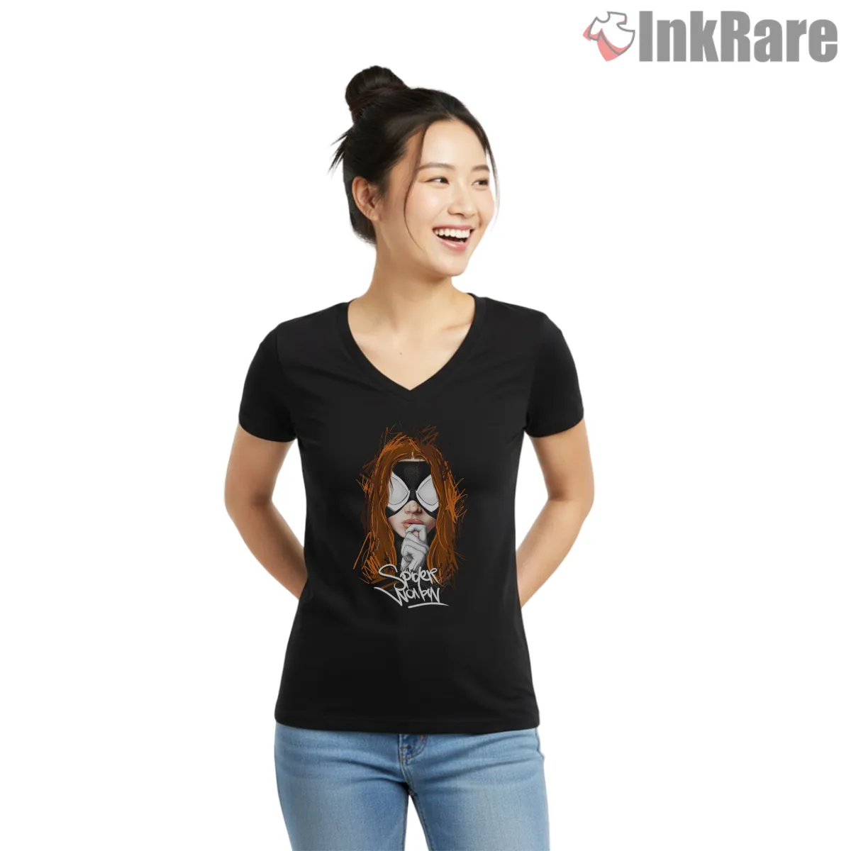 Spider Woman Julia Carpenter Portrait Art V Neck Black Spider Woman Julia Carpenter Portrait Art Shirt on black v-neck shirt for women graphic tee