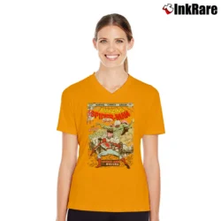 Women’s Spiderman Vs Mysterio Marvel Comic V-Neck Tee in orange | Chic Neckline, Soft Texture