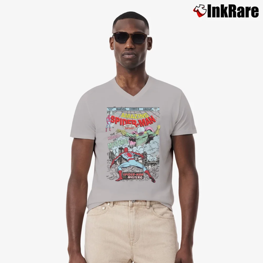 Men’s Spiderman Vs Mysterio Marvel Comic V-Neck Tee in sport grey | Sharp, Breathable, Everyday Staple