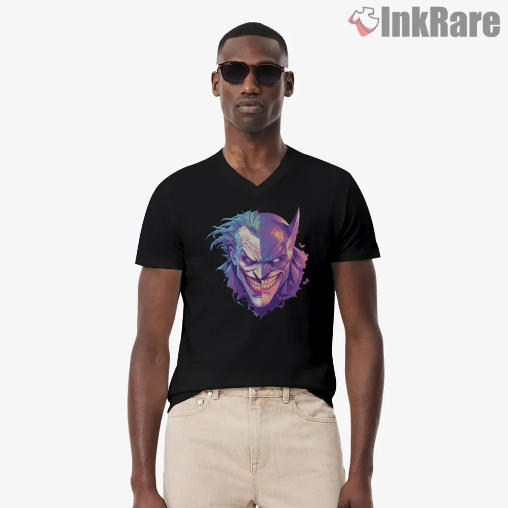 Split Smile Joker And Batman Mashup Shirt on black v-neck shirt for men graphic tee