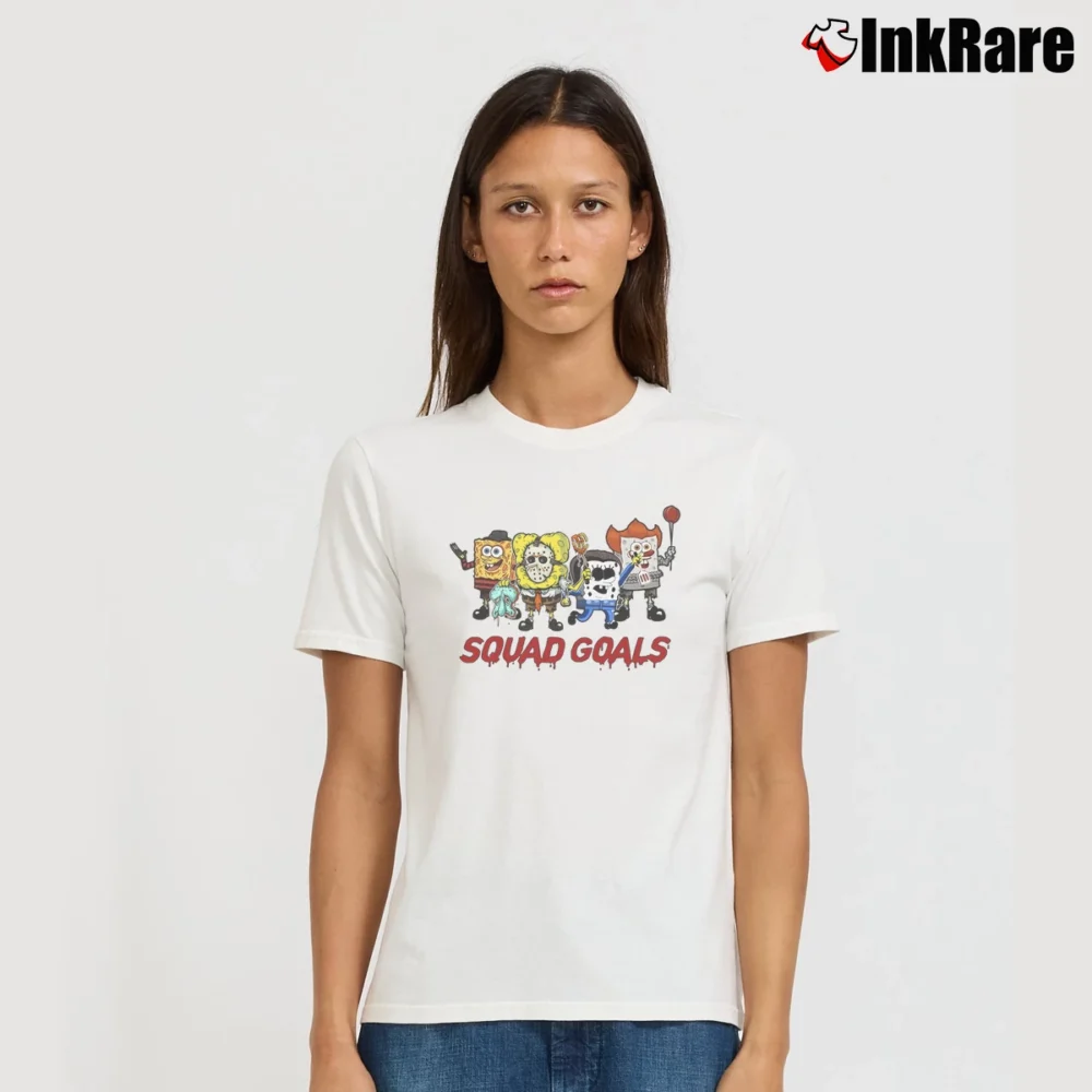Women’s Spongebob Halloween Horror Movie Character Squad Goals Signature T-Shirt in white | Soft, Flattering Fit
