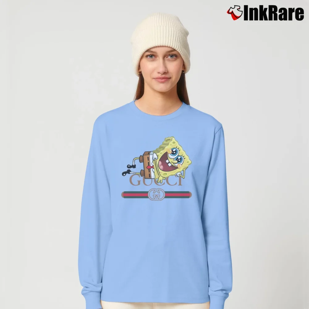 Women’s Spongebob Inspired By Gucci Parody Funny Graphic Long-Sleeve Top in light blue | Sleek, Versatile, All-Season