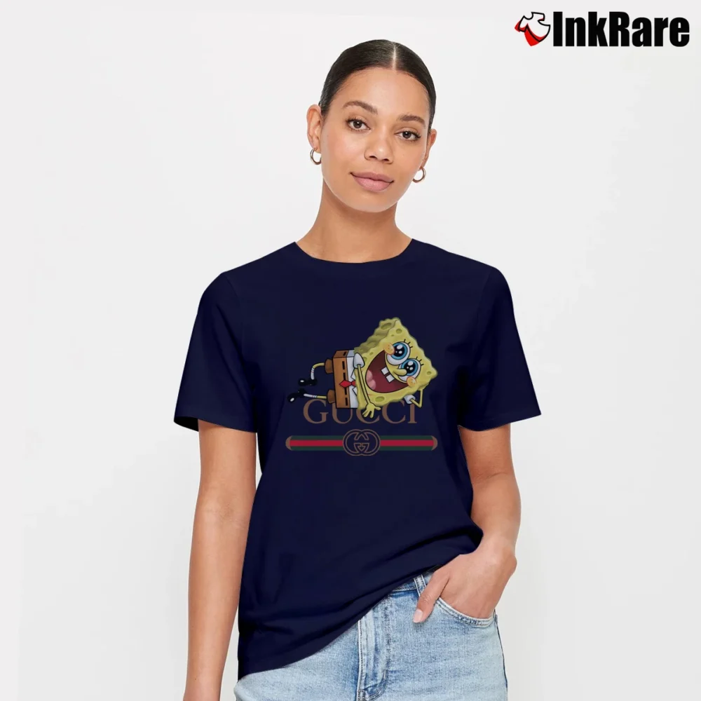 Women’s Spongebob Inspired By Gucci Parody Funny Signature T-Shirt in navy | Soft, Flattering Fit