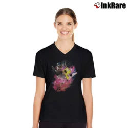 Women’s Spongebob Patrick Riding A Kitty Cat Graphic V-Neck Tee in black | Chic Neckline, Soft Texture