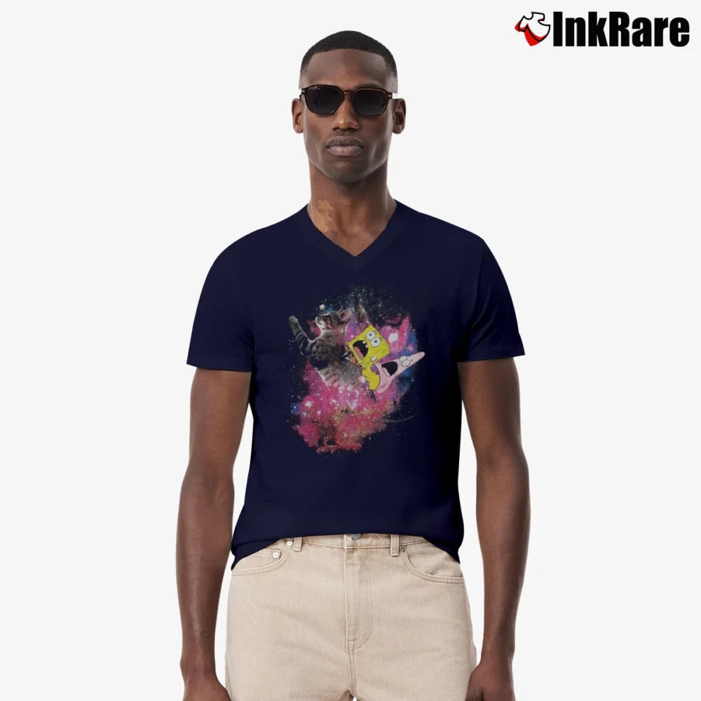 Men’s Spongebob Patrick Riding A Kitty Cat Graphic V-Neck Tee in navy | Sharp, Breathable, Everyday Staple