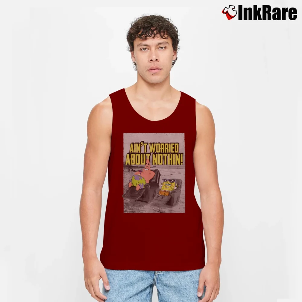 Men’s Spongebob Patrick Star Ain't Worried About Nothin Funny Tank Top in maroon | Breathable, Active-Friendly Design