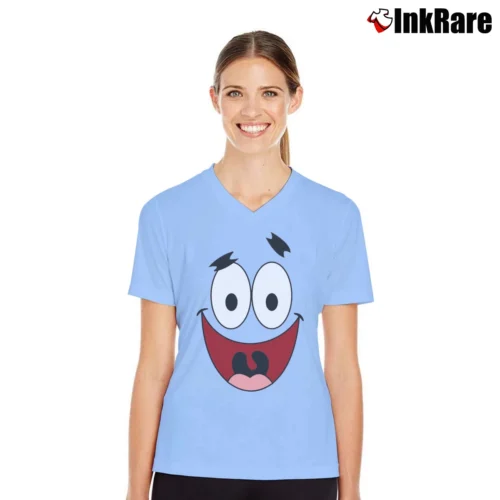 Spongebob Patrick Star Face Classic Women’s V-Neck Tee in light blue – Flattering Fit Women’s Spongebob Patrick Star Face Classic V-Neck Tee in light blue | Chic Neckline, Soft Texture
