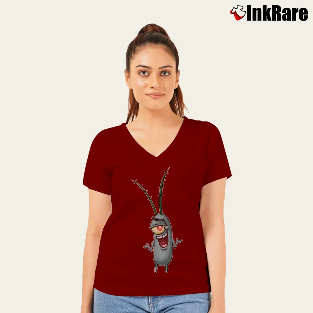 Women’s Spongebob Plankton Funny V-Neck Tee in maroon | Chic Neckline, Soft Texture