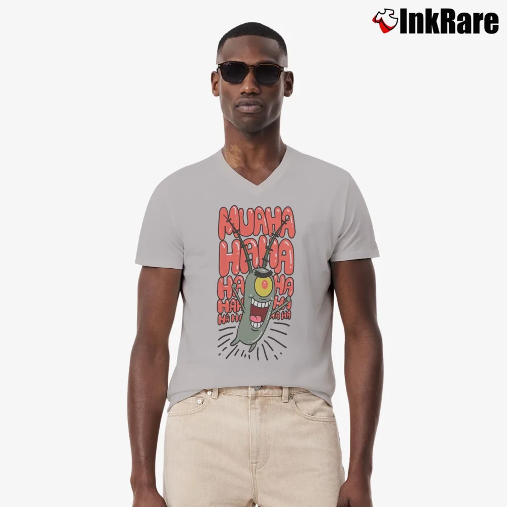 Men’s Spongebob Plankton Muahaha Classic V-Neck Tee in sport grey | Sharp, Breathable, Everyday Staple