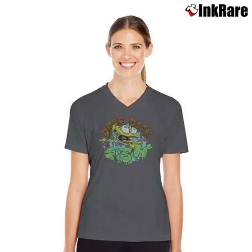 Women’s Spongebob Squarepants Drop On The Deck And Flop V-Neck Tee in charcoal | Chic Neckline, Soft Texture