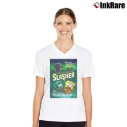 Women’s Spongebob Squarepants Hash Slinging Slasher V-Neck Tee in white | Chic Neckline, Soft Texture