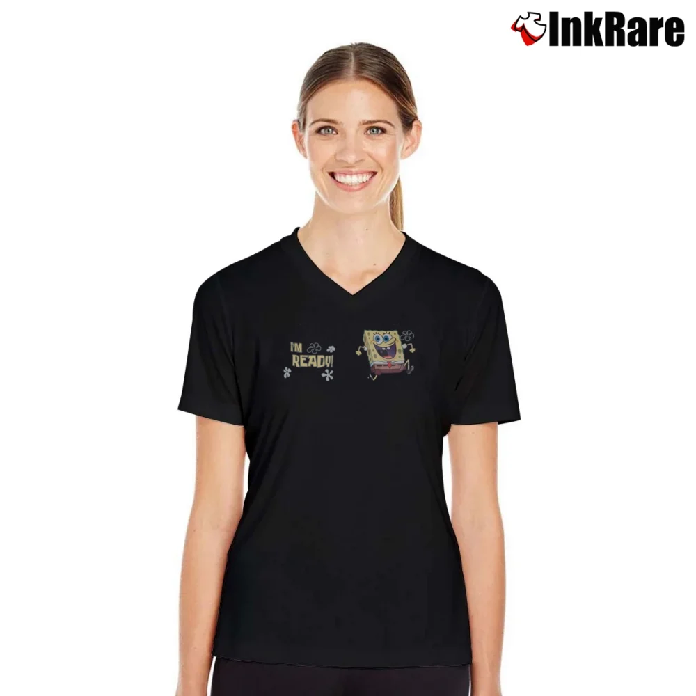 Women’s Spongebob Squarepants I'm Ready Funny Cartoon Quote V-Neck Tee in black | Chic Neckline, Soft Texture