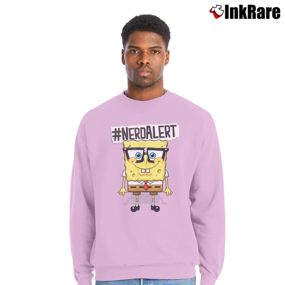 Men’s Spongebob Squarepants Nerd Alert Funny Cartoon Crewneck Sweatshirt in light pink | Cozy Fabric, Clean Style