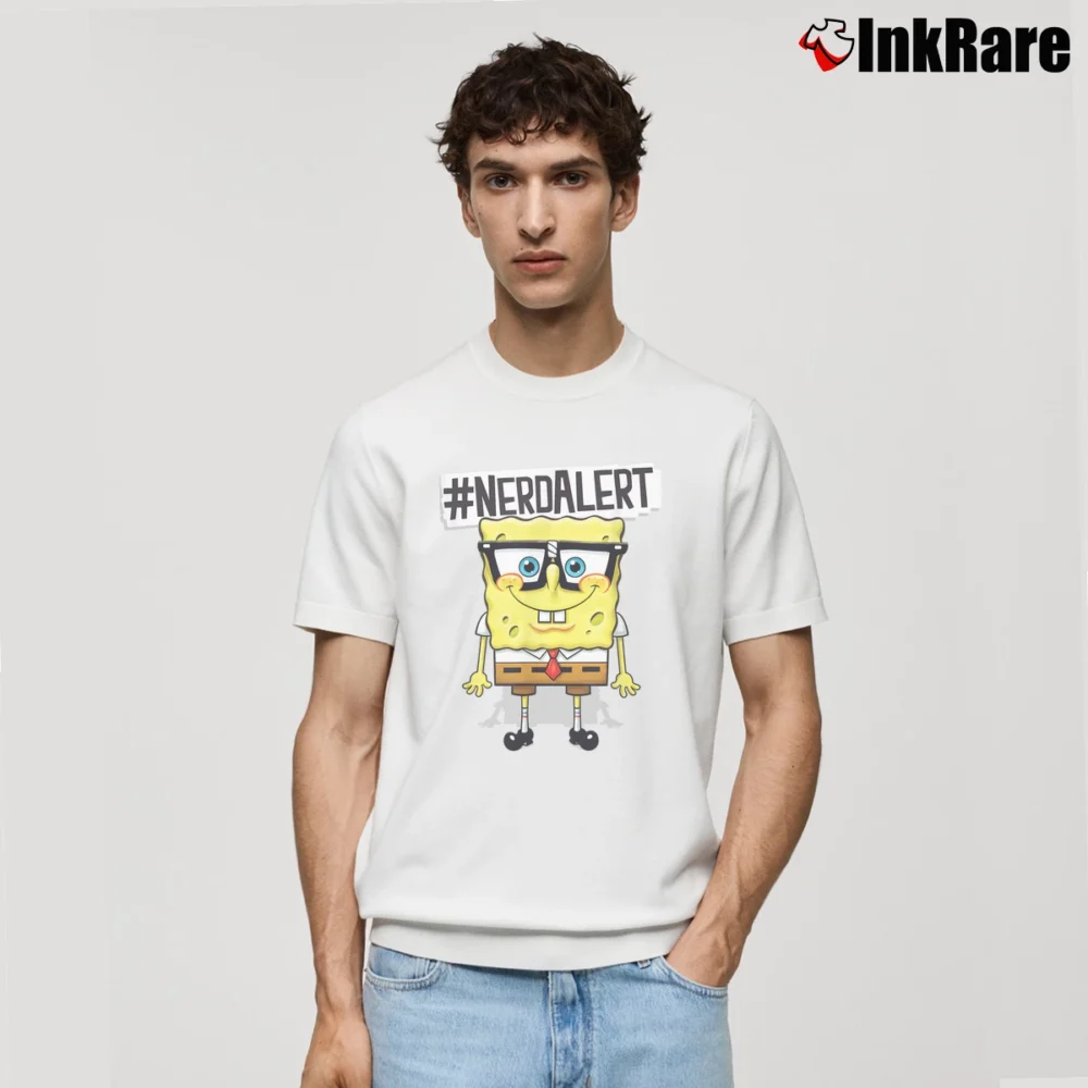 Men’s Spongebob Squarepants Nerd Alert Funny Cartoon Classic T-Shirt in white | Soft, Breathable Everyday Wear