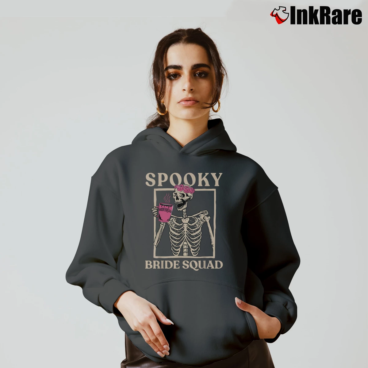 Women’s Spooky Bride Squad Skeleton Bachelorette Party Halloween Cozy Hoodie in charcoal | Warm, Structured, Stylish