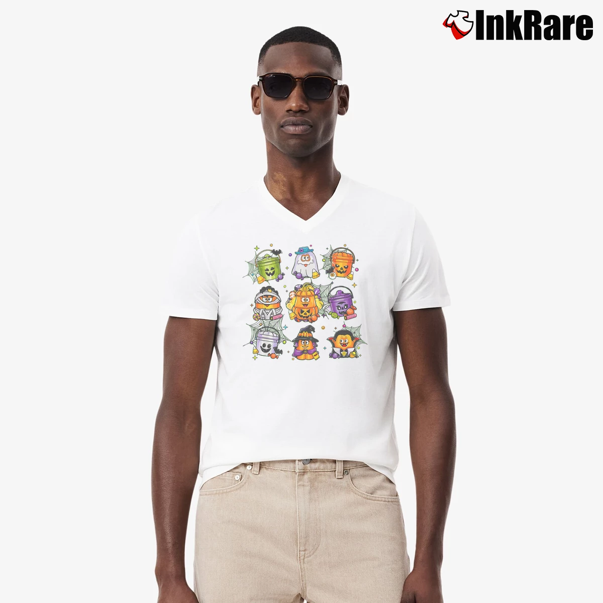 Men’s Spooky Nuggets Meal Bucket Chicken Halloween V-Neck Tee in white | Sharp, Breathable, Everyday Staple