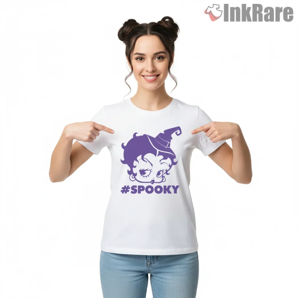 Spooky Witch Betty Boop Hashtag Halloween Shirt on white short sleeve shirt for women graphic tee