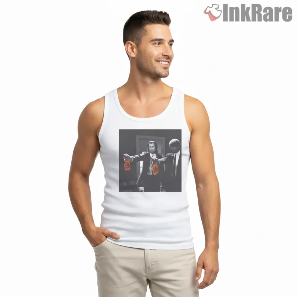 Spray Fiction Cleaning Squad Parody Shirt on white tank top for men graphic tee