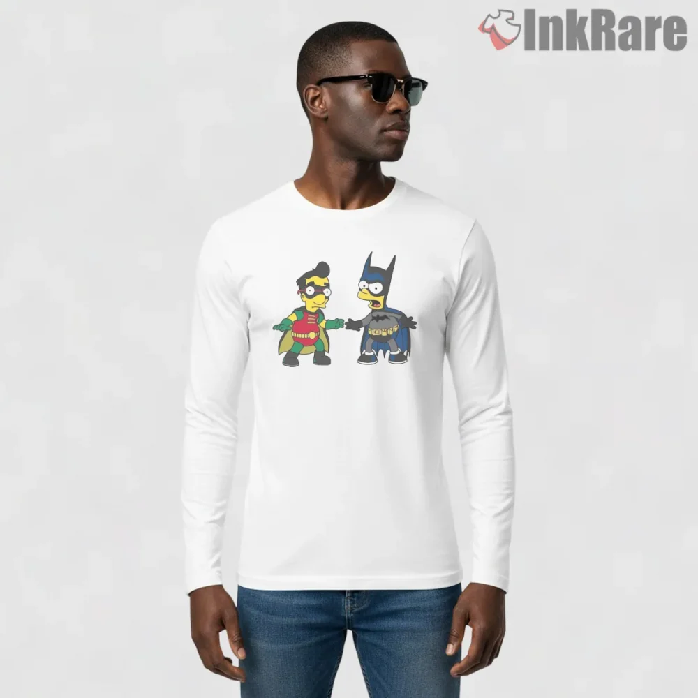 Springfield Dynamic Duo Batman Robin Cartoon Mashup Shirt on white long sleeve shirt for men graphic tee