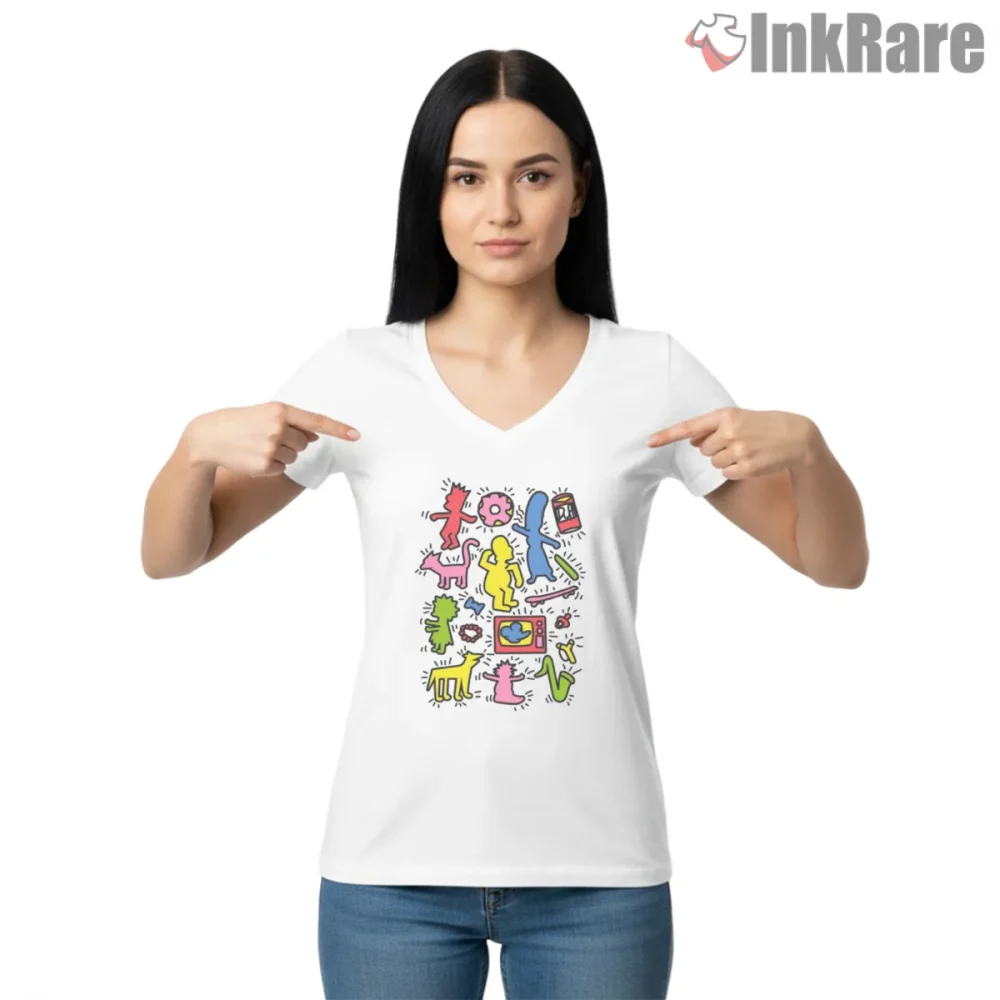 Springfield Pop Art Doodle Chaos Colorful Cartoon Shirt on white v-neck shirt for women graphic tee