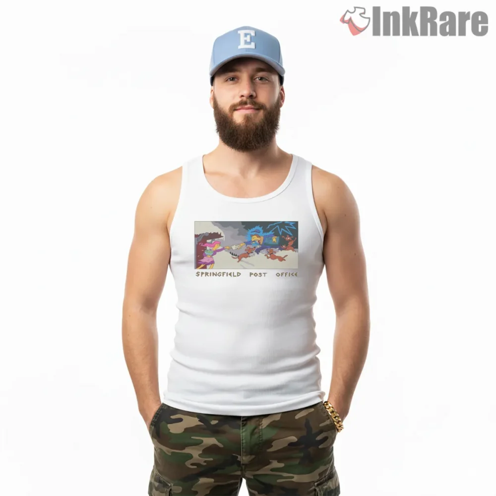 Springfield Post Office Chaotic Cartoon Scene Shirt on white tank top for men graphic tee