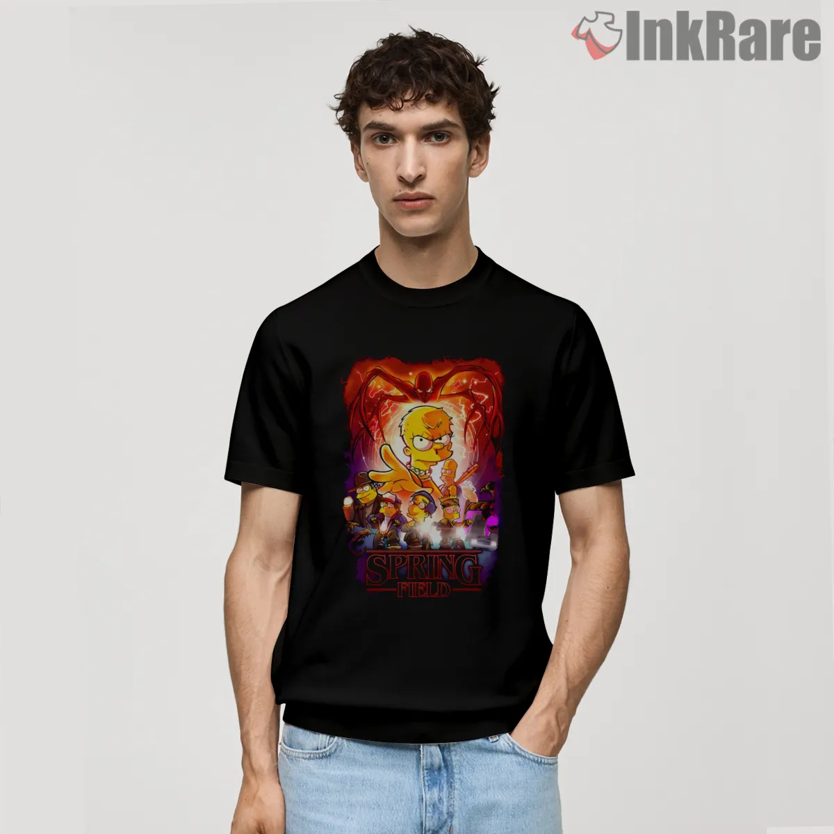 Springfield Stranger Horror Neon Upside Down Parody Shirt on black short sleeve shirt for men graphic tee
