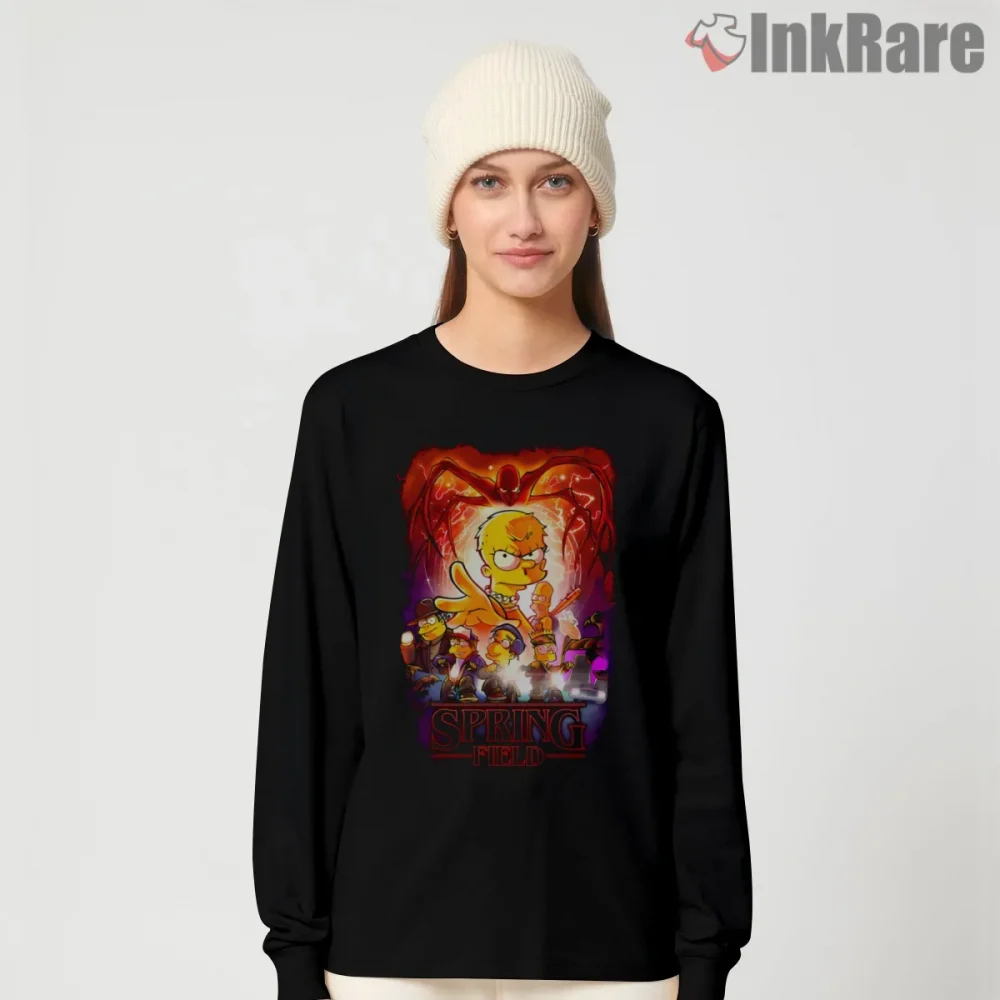 Springfield Stranger Horror Neon Upside Down Parody Shirt on black long sleeve shirt for women graphic tee