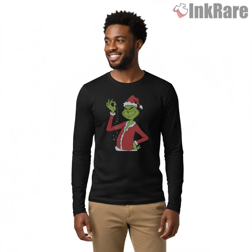 Sprinkle Some Cheer Grinch Salt Bae Christmas Shirt on black long sleeve shirt for men graphic tee