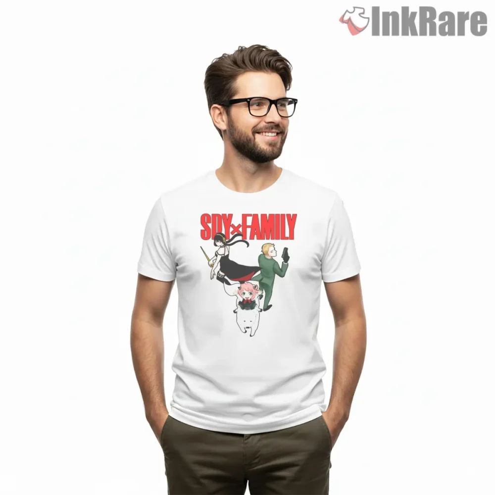Spy Family Action Pose Dynamic Trio Anime Shirt on white short sleeve shirt for men graphic tee